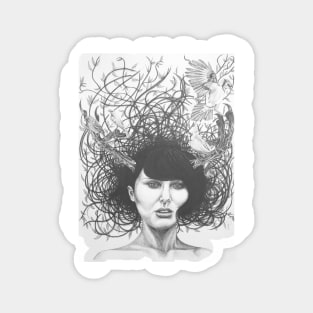 Fantasy drawing of woman woven in branches and horns Magnet