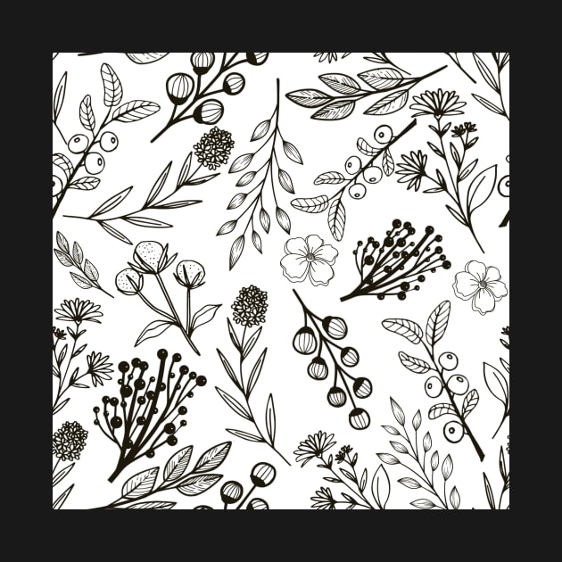 Wild Plants Seamless Pattern in Black and White by DiorelleDesigns