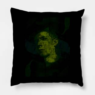 Portrait, digital collage and special processing. Weird man looking on us. Green. Pillow