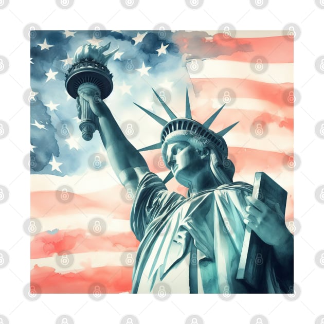 Statue of Liberty closeup with United States of America flag background watercolor by SPJE Illustration Photography
