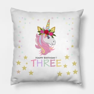 Third birthday greeting. Three. Magical Unicorn Birthday invitation. Party invitation greeting Pillow