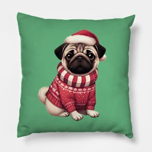 Cute Christmas Pug in Red Sweater Pillow