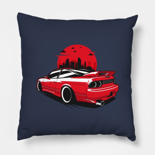 Red S13 Back Coupe City Skyline Pillow by KaroCars