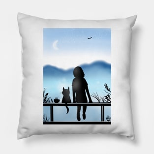 Blue peace - A girl and her cat calmly watching the sky Pillow