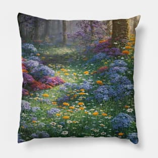 Flowery path in the woods Pillow