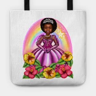 Black Afro Princess in purple with flowers and rainbow i ! beautiful  black girl with Afro hair, brown eyes and dark brown skin. Hair love ! Tote