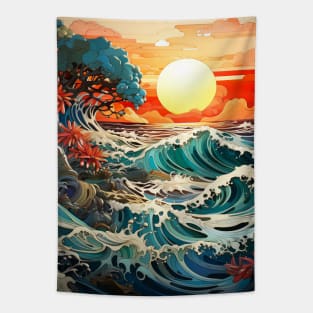Waves ocean sunset Tapestry