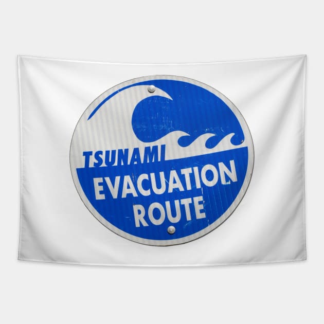 road sign tsunami (round, bolts) Tapestry by mystudiocreate