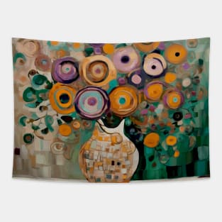 Pastel Blossoms in a Geometric Vase After Klimt Tapestry