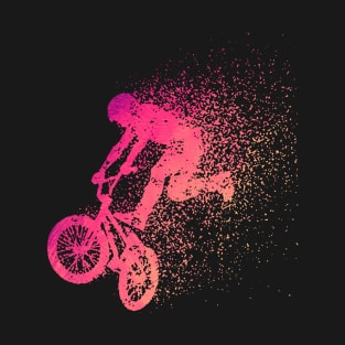 BMX Bike Rider Performing Stunts , Doing Tricks, minimal enduro extreme sports freeride, ramp, streetstyle, trails, Particles, shattered minimal minimalistic sprint sprinter sprinting T-Shirt