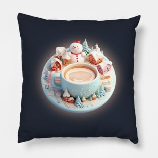 Cappucino barista art with snowman in a winter wonderland setting Pillow