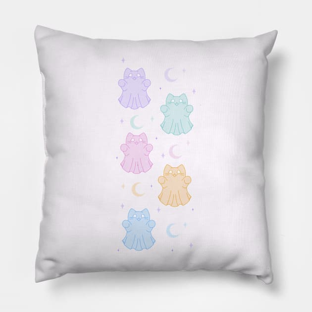 Pastel Kawaii Halloween Ghost Cat with Moons Pillow by SupernovaAda