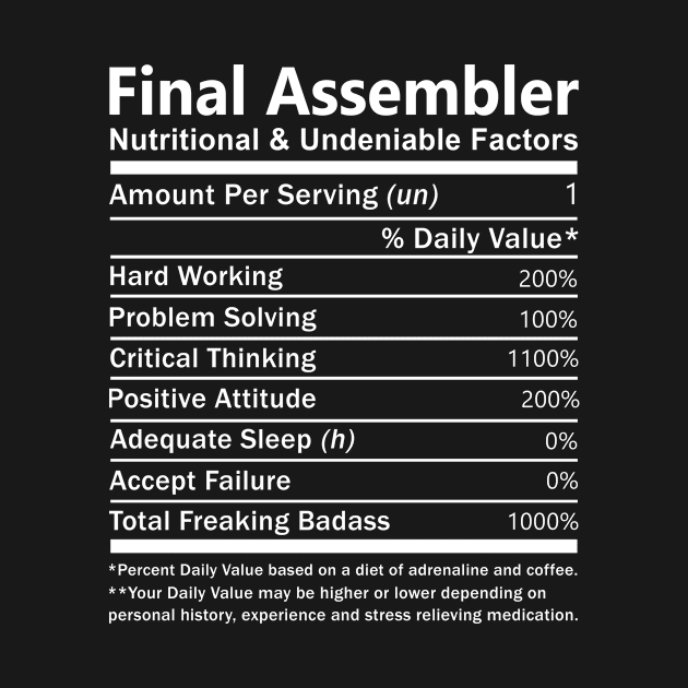 Final Assembler T Shirt - Nutritional and Undeniable Factors Gift Item Tee by Ryalgi