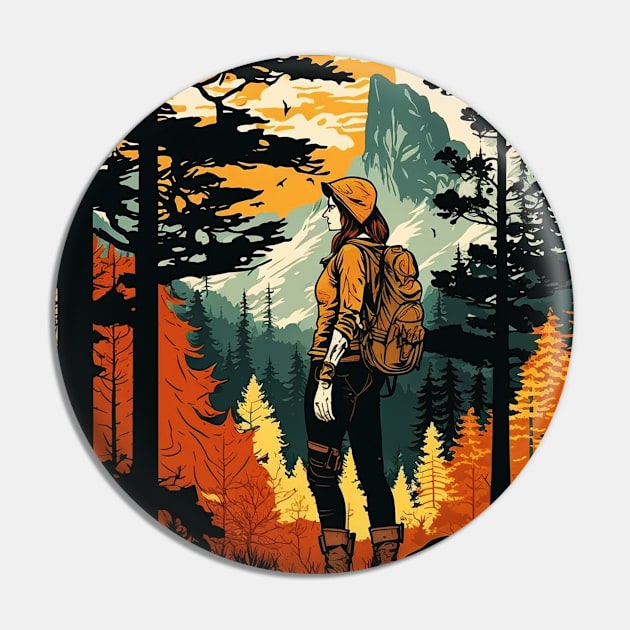 Woman Hiking in Forest Design, Adventure Mountain Pin by dukito