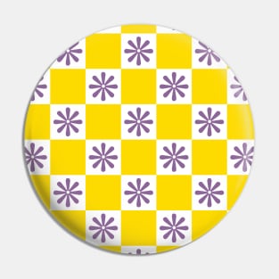 Retro Yellow, Purple Checkered Floral Pattern Pin