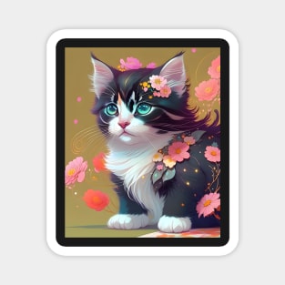 Beautiful Calico Kitten with Flowers - Modern Digital Art Magnet