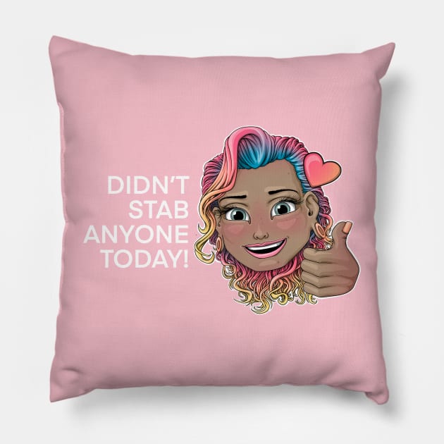 Didn't stab anyone today! Reva Prisma thump up emoji (white text) Pillow by Mei.illustration