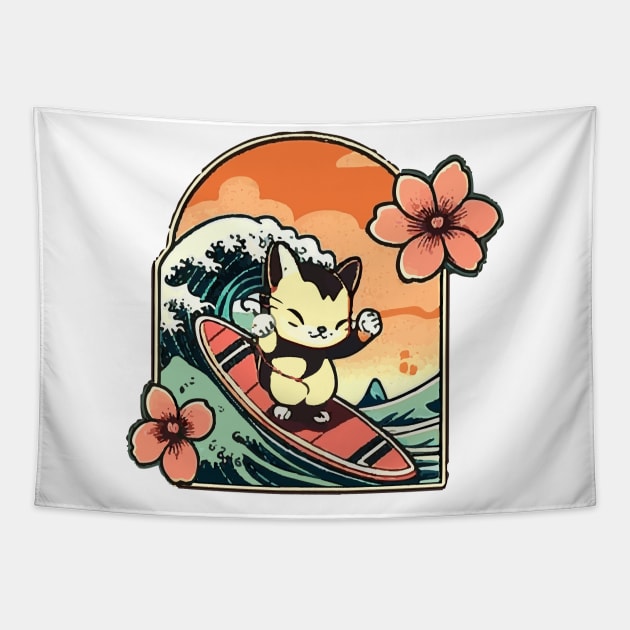 Surfing Kitty at Sunset Tapestry by Kona Cat Creationz