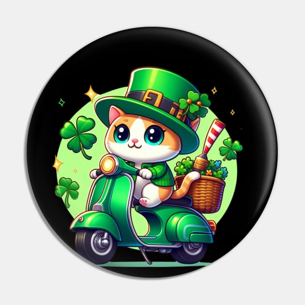 Celebrate St Patricks Day with a cute and colorful Cat on a Motorcycle design Pin by click2print