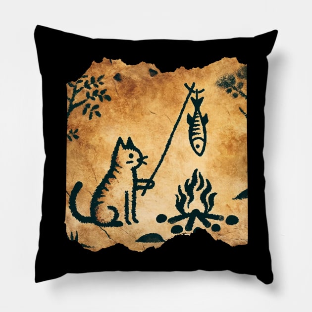 Cave Art Kitten Humor Fish Roasting Art Survival Cat Pillow by Willie Biz Merch