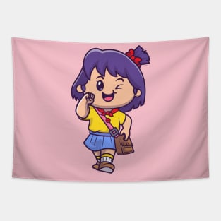 Cute Girl Going To School Cartoon Tapestry