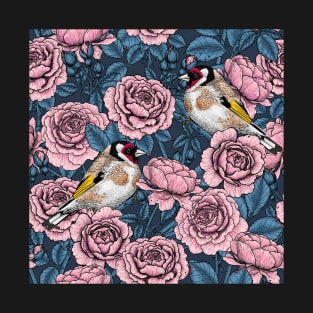 Pink Rose flowers and goldfinch birds T-Shirt