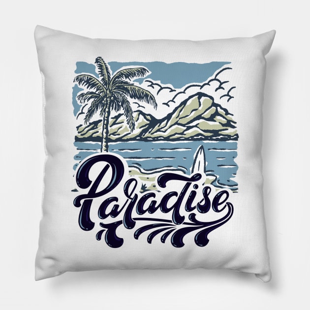 Beach Tropical Paradise Surfing Mountains Palm Tree Landscape Design Pillow by Joaddo