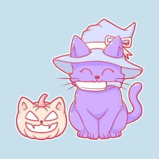 Cute Pastel Halloween Kawaii Cat Pumpkin With Knife and Witch Hat T-Shirt