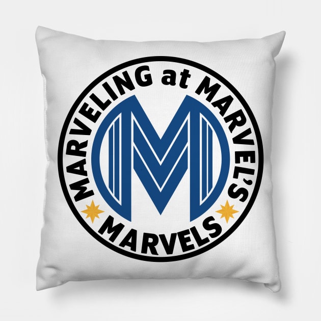 Marveling Logo in Blue & Black Pillow by Marveling At Marvel's Marvels