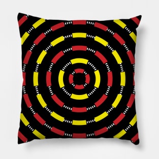 Circular Bullseye Pattern no.1 Black with Alternating Red and Yellow Dashes and White Dashed Lines Pillow