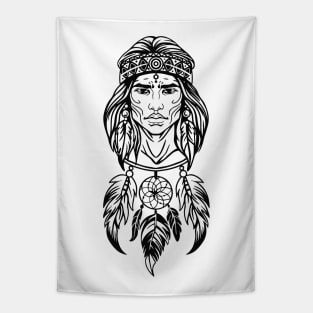 head of an Indian man in a traditional headdress, black and white illustration Tapestry