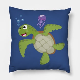 Cute green sea turtle happy cartoon illustration Pillow