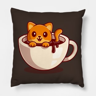 Cute Cat Swimming in Coffee Cartoon Pillow