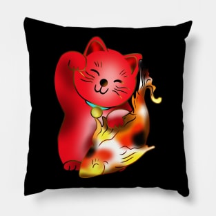 Right paw red maneki neko lucky cat with fish Pillow