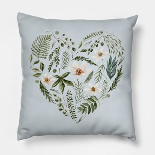 Green Floral Leaves Heart on  Light Blue Pillow