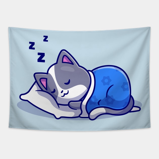 Cute Cat Sleeping With Pillow And Blanket Cartoon Tapestry by Catalyst Labs