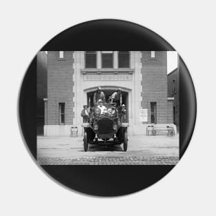 Fire Engine Crew at Firehouse, 1925. Vintage Photo Pin