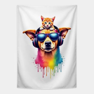 Cool dog with headphones and a cute cat on his head for both cat and dog lovers Tapestry