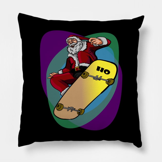 Santa on Skateboard Funny Santa colorful Pillow by wirefox