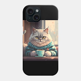 Cute cat in sweater having coffee Phone Case