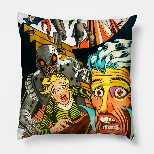 Scary Face Robots Attack Rocket Science Fiction Space Adventures Extraterrestrial Invasion Retro Comic Vintage Old Cartoon Pillow by REVISTANGO