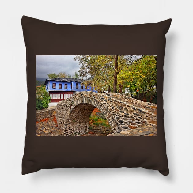 Stone arched bridge, indigo house Pillow by Cretense72