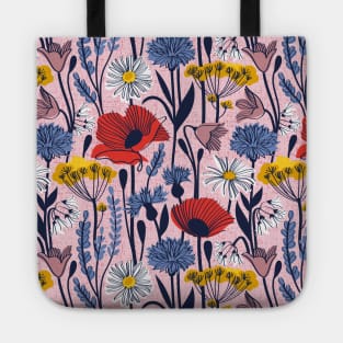 Wild field // pattern // pastel pink background neon red orange shade poppies white daisies denim blue cornflower pink bluebells yellow fennel flowers and other wild flowers meadow plants Tote