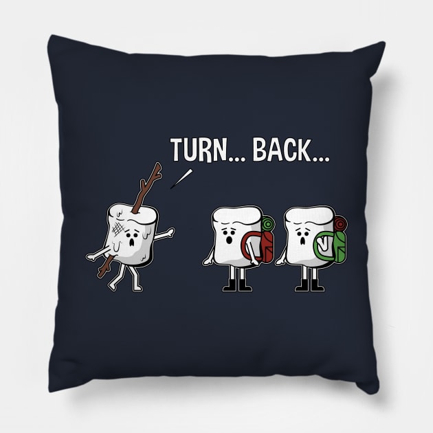 Turn Back Roasted Marshmallow On A Stick Fun Horror Graphic Pillow by SassySoClassy