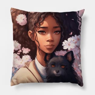 Floral Cute Anime black girl with her cute black dog Pillow