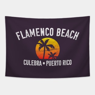 Flamenco Beach - Culebra - Puerto Rico Vintage Sunset Palm Tapestry