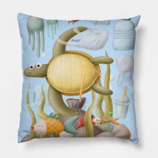 Turtle with plastic under ocean Pillow