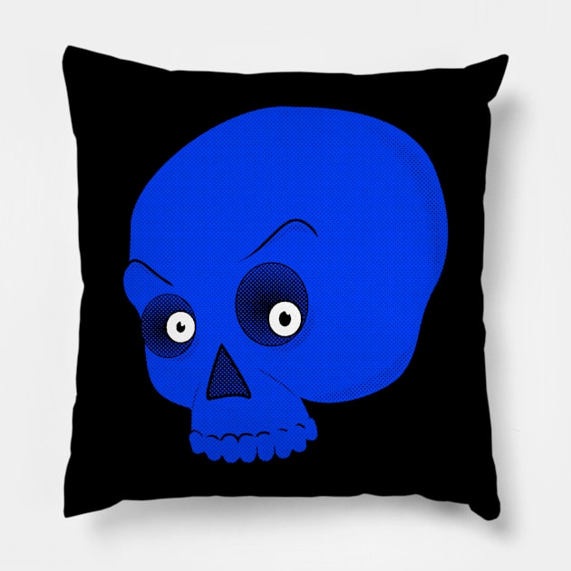 Newsprint Scary Blue Skull Pillow by Braznyc