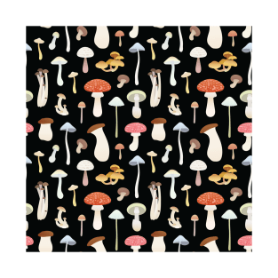 Dreamy Mushrooms Pattern in Black T-Shirt