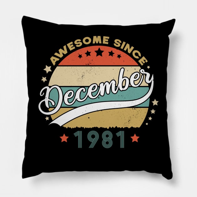 Awesome Since December 1981 Birthday Retro Sunset Vintage Pillow by SbeenShirts